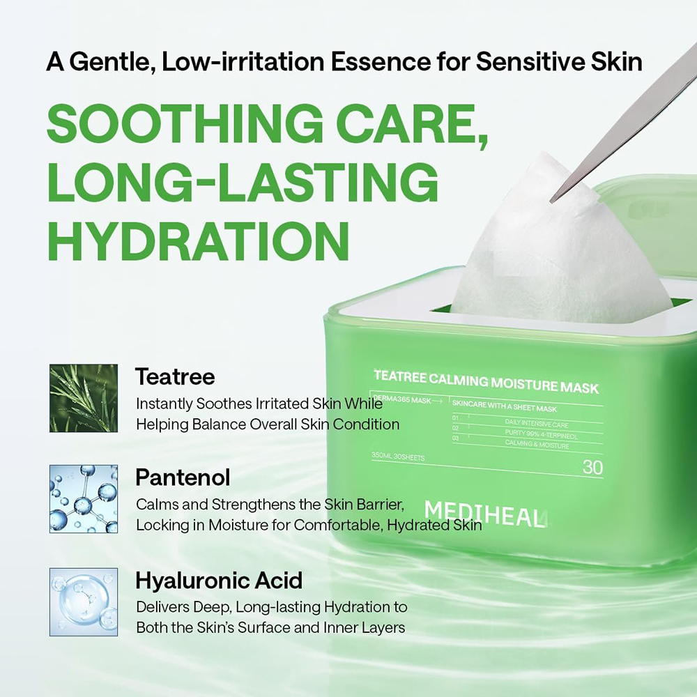MEDIHEAL Derma365 Mask Teatree Calming Moisture 350 ml - Set 30 de masti de fata formulat cu extract de arbore de ceai si niacinamida, care contribuie la calmarea pielii si la metinerea hidratarii