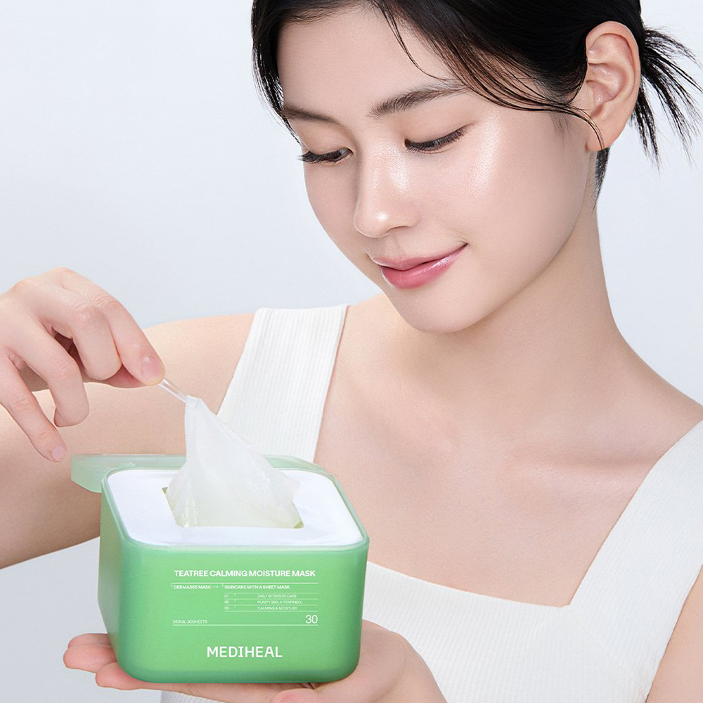 MEDIHEAL Derma365 Mask Teatree Calming Moisture 350 ml - Set 30 de masti de fata formulat cu extract de arbore de ceai si niacinamida, care contribuie la calmarea pielii si la metinerea hidratarii