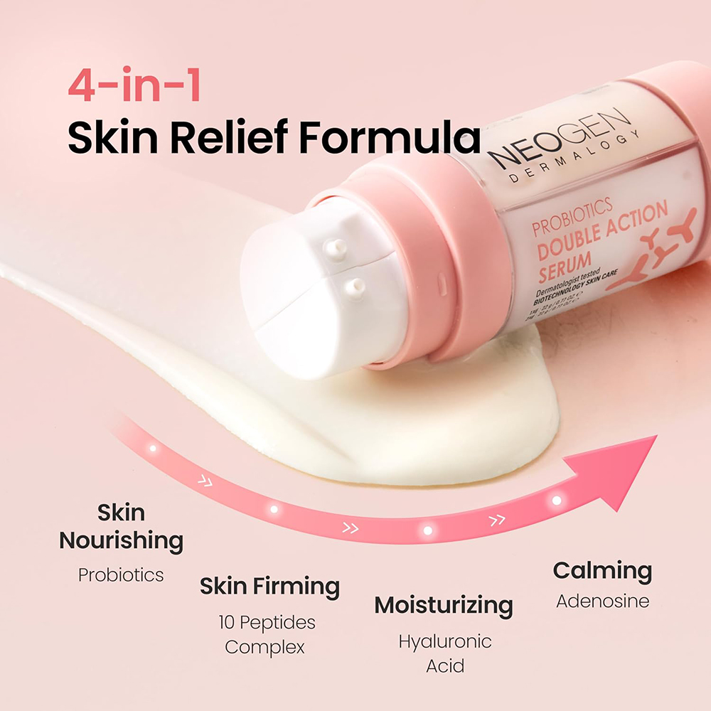 NEOGEN Dermalogy Probiotics Double Action, 22 gr/22 gr - Ser de fata formulat cu acid hialuronic si niacinamida, care contribuie la fermitatea si luminozitatea pielii si la metinerea barierei cutanate