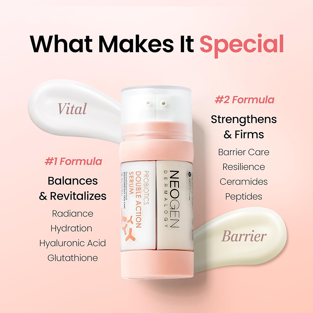 NEOGEN Dermalogy Probiotics Double Action, 22 gr/22 gr - Ser de fata formulat cu acid hialuronic si niacinamida, care contribuie la fermitatea si luminozitatea pielii si la metinerea barierei cutanate
