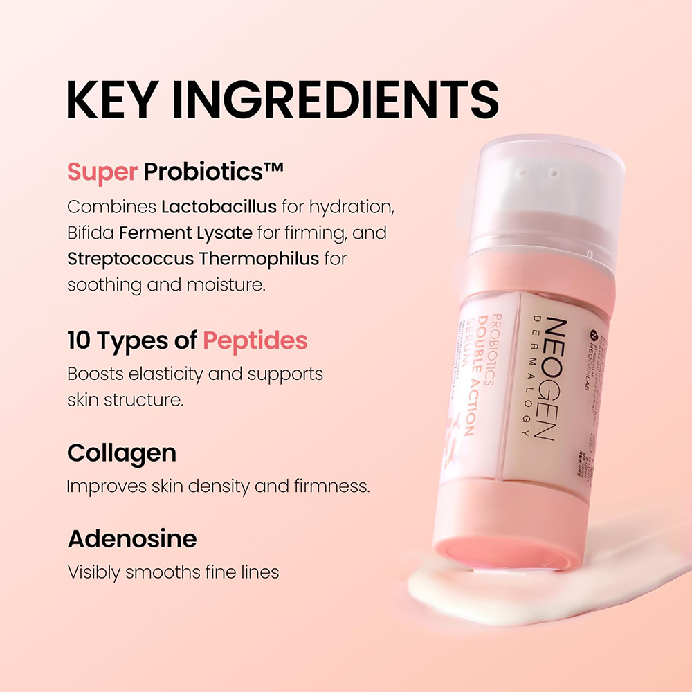 NEOGEN Dermalogy Probiotics Double Action, 22 gr/22 gr - Ser de fata formulat cu acid hialuronic si niacinamida, care contribuie la fermitatea si luminozitatea pielii si la metinerea barierei cutanate