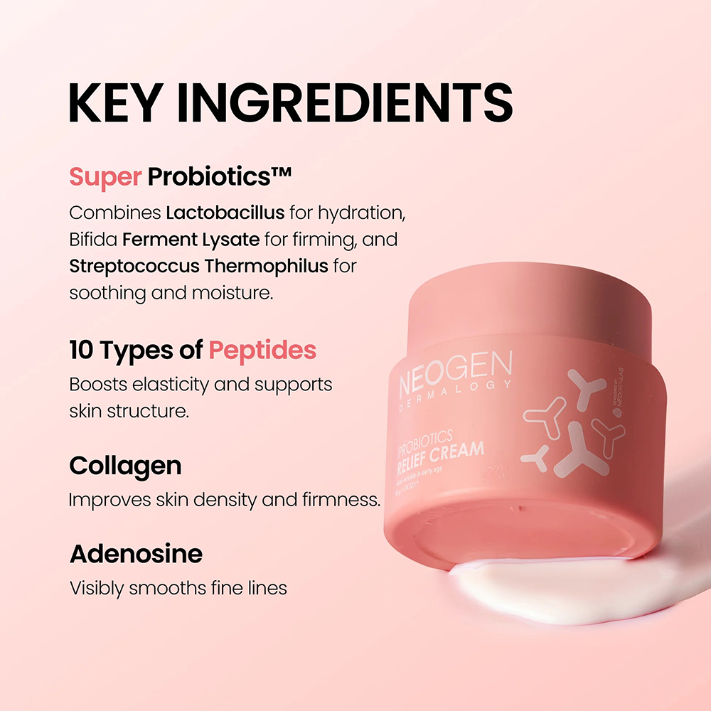 NEOGEN Dermalogy Probiotics Relief Cream, 50 ml - Crema de fata formulata cu Lactobacillus Ferment Lysate si Bifida Ferment Lysate, care contribuie la hidratarea pielii si la mentinerea confortului cutanat