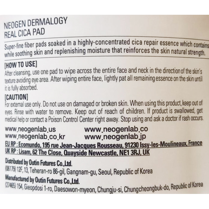 NEOGEN Dermalogy Real Cica Pad, 150 ml - Exfoliant formulat cu extract de Centella asiatica si acid hialuronic, care contribuie la calmarea si netezirea pielii fara a provoca iritatii si la mentinerea echilibrului pielii