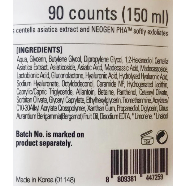 NEOGEN Dermalogy Real Cica Pad, 150 ml - Exfoliant formulat cu extract de Centella asiatica si acid hialuronic, care contribuie la calmarea si netezirea pielii fara a provoca iritatii si la mentinerea echilibrului pielii