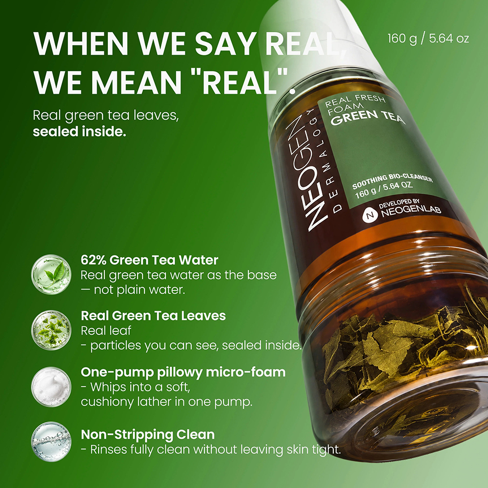 NEOGEN Dermalogy Real Fresh Foam, 160 gr - Spuma de curatare formulata cu extract de ceai verde fermentat, potrivita pentru pielea grasa, mixta sau cu tendinte acneice, care contribuie la indepartarea impuritatilor de pe piele si la mentinerea uleiurilor naturale ale pielii