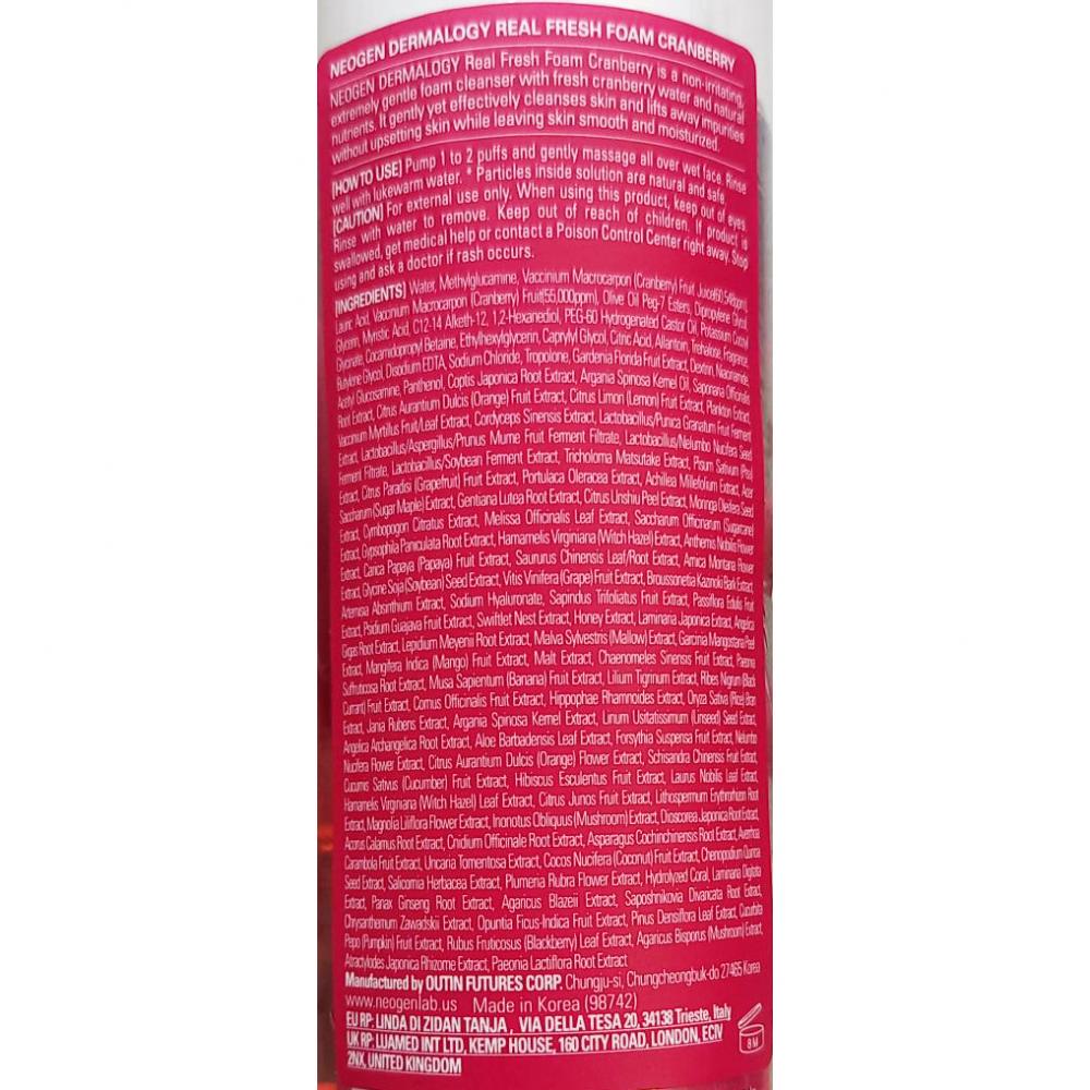 NEOGEN Dermalogy Real Fresh Foam, 160 gr - Spuma de curatare formulata cu extract de merisoare si apa de fructe de merisor, care contribuie la indepartarea impuritatilor de pe piele si la mentinerea uleiurilor naturale ale pielii