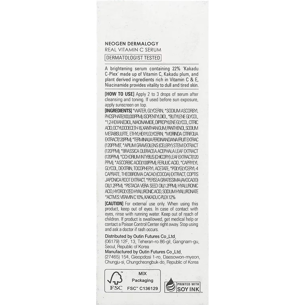 NEOGEN Dermalogy  Real Vitamin C Serum, 32 gr - Ser de fata formulat cu Sodium Ascorbyl Phosphate si niacinamida, care contribuie la luminozitate, uniformizarea aspectului tenului si la mentinerea hidratarii pielii
