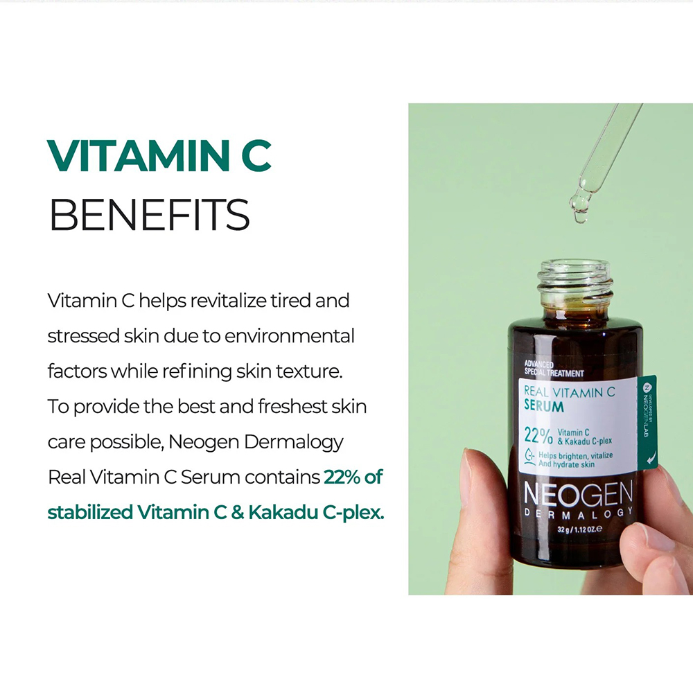 NEOGEN Dermalogy  Real Vitamin C Serum, 32 gr - Ser de fata formulat cu Sodium Ascorbyl Phosphate si niacinamida, care contribuie la luminozitate, uniformizarea aspectului tenului si la mentinerea hidratarii pielii