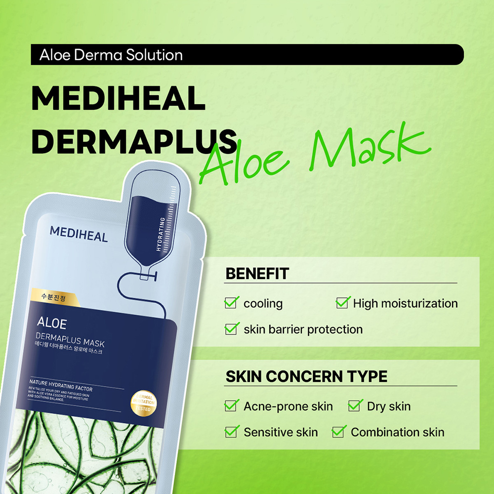 MEDIHEAL Dermaplus Aloe Sheet Mask - masca de fata tip servetel formulata cu aloe vera si pantenol, care contribuie la calmarea pielii si la metinerea echilibrului de hidratare - 22 ml