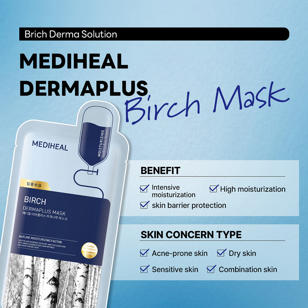 MEDIHEAL Dermaplus Birch Sheet Mask - masca de fata tip servetel formulata cu seva de mesteacan si acid hialuronic, care contribuie la hidratarea pielii si la metinerea confortului cutanat - 22 ml