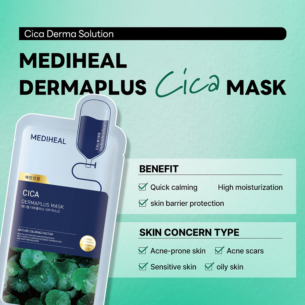 MEDIHEAL Dermaplus Cica Sheet  Mask - masca de fata tip servetel formulata cu Centella Asiatica si pantenol, care contribuie la calmarea pielii si la mentinerea confortului cutanat - 22 ml