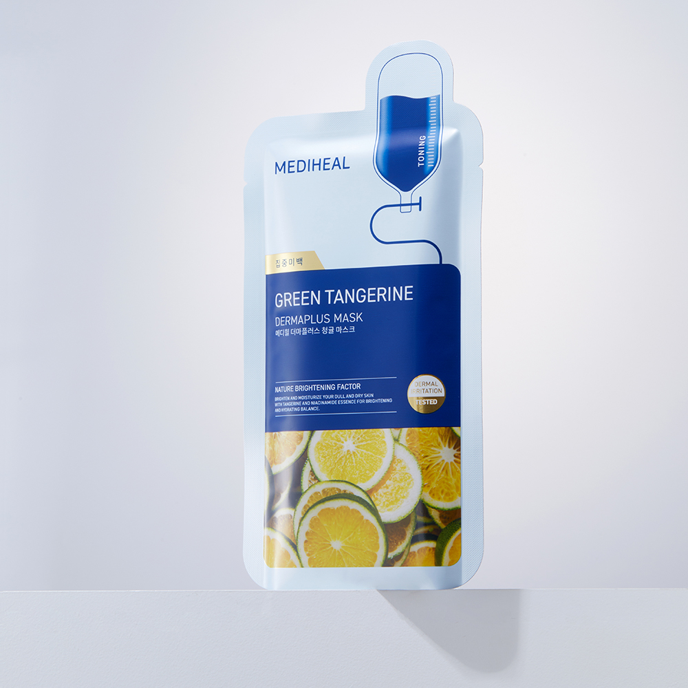 MEDIHEAL Dermaplus Green Tangerine Sheet Mask - masca de fata tip servetel formulata cu niacinamida si derivati de vitamina C, care contribuie la uniformizarea nuantei pielii si la mentinerea hidratarii - 22 ml