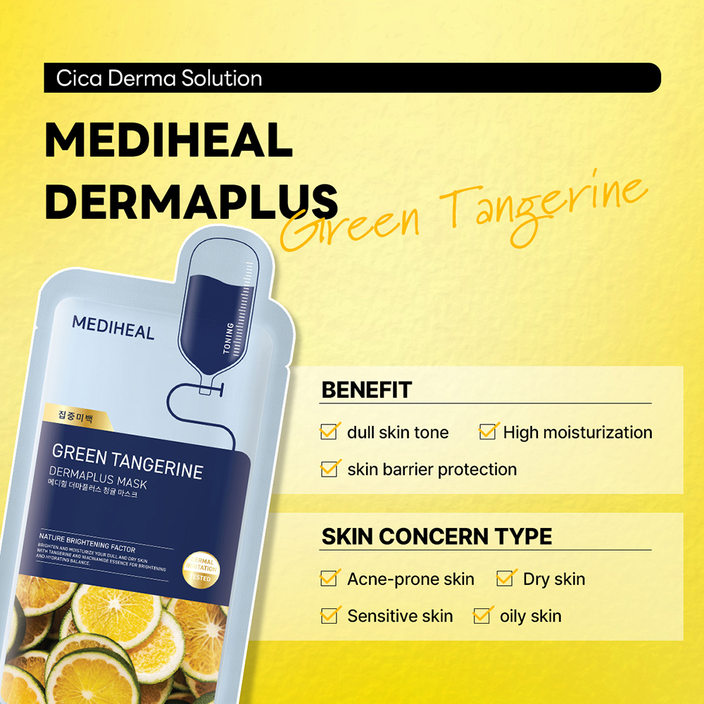 MEDIHEAL Dermaplus Green Tangerine Sheet Mask - masca de fata tip servetel formulata cu niacinamida si derivati de vitamina C, care contribuie la uniformizarea nuantei pielii si la mentinerea hidratarii - 22 ml