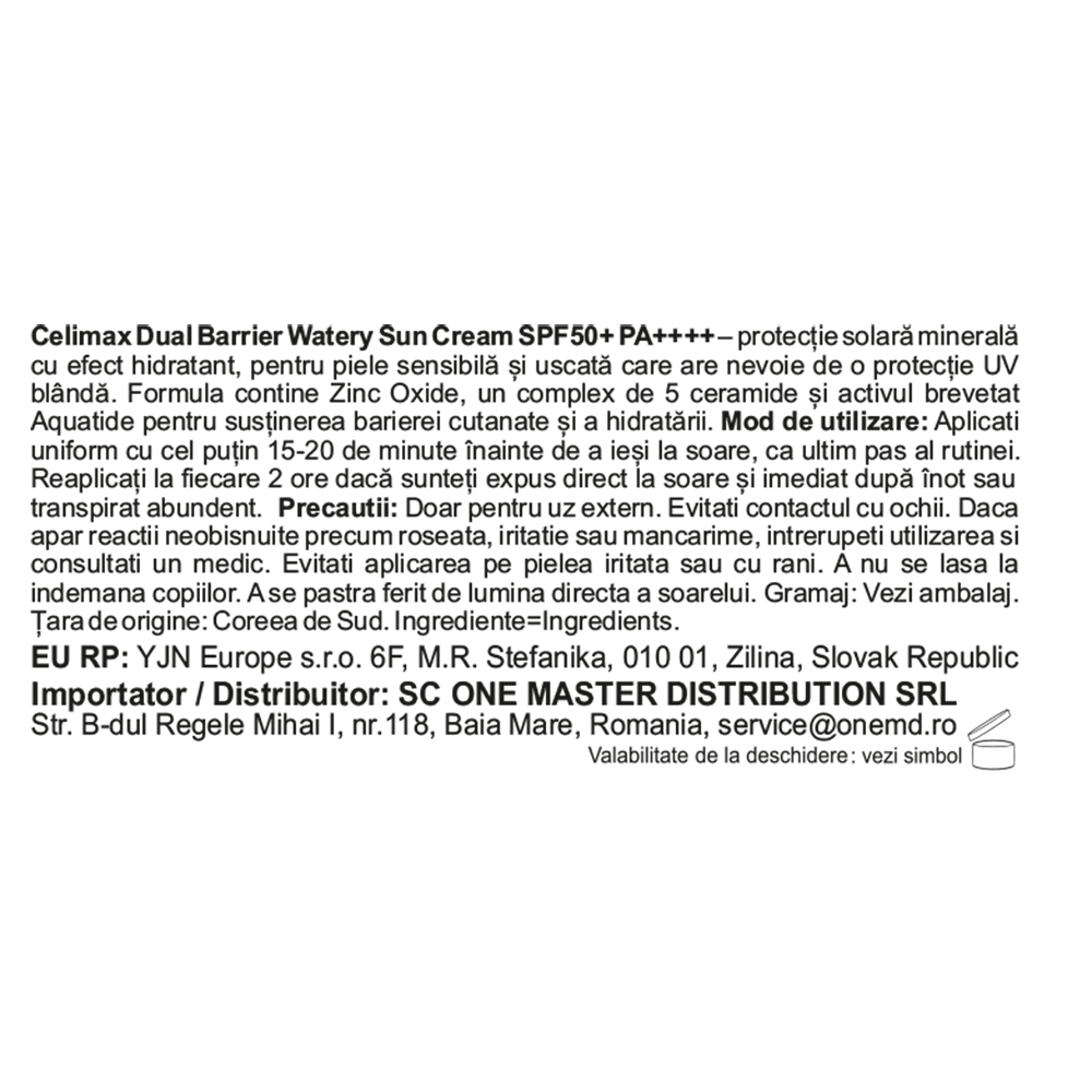 CELIMAX Dual Barrier Watery Sun Cream SPF 50+ PA++++, 40 ml - crema de fata formulata cu zinc oxide si ceramide, care contribuie la protectia UV si la mentinerea confortului pielii sensibile