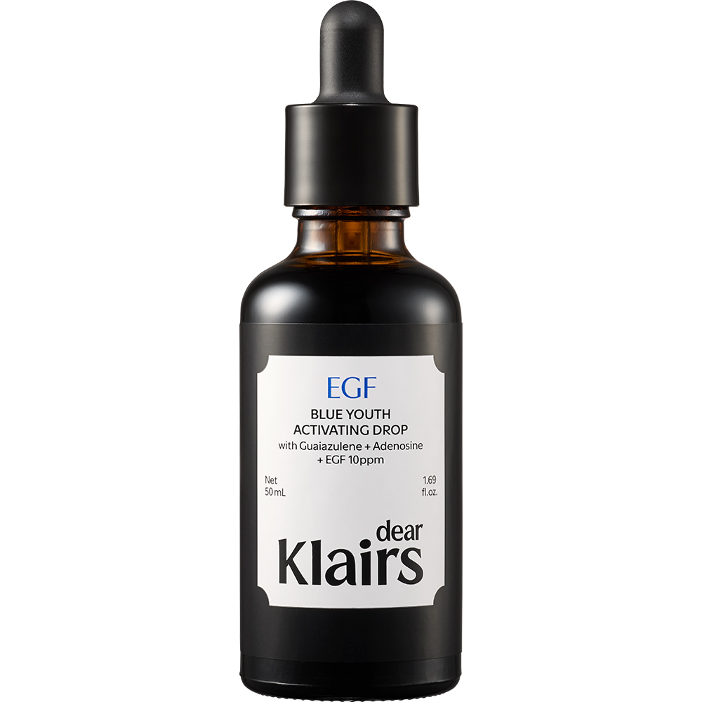 Dear Klairs EGF Blue Youth Activating Drop, 50 ml - ser de fata formulat cu EGF si extract de afine, care contribuie la regenerarea celulara si la metinerea aspectului luminos al pielii
