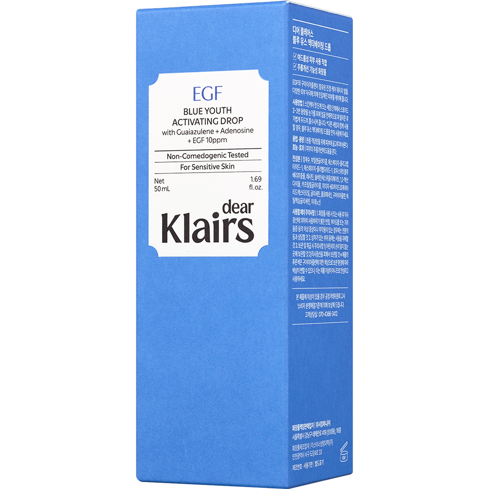 Dear Klairs EGF Blue Youth Activating Drop, 50 ml - ser de fata formulat cu EGF si extract de afine, care contribuie la regenerarea celulara si la metinerea aspectului luminos al pielii