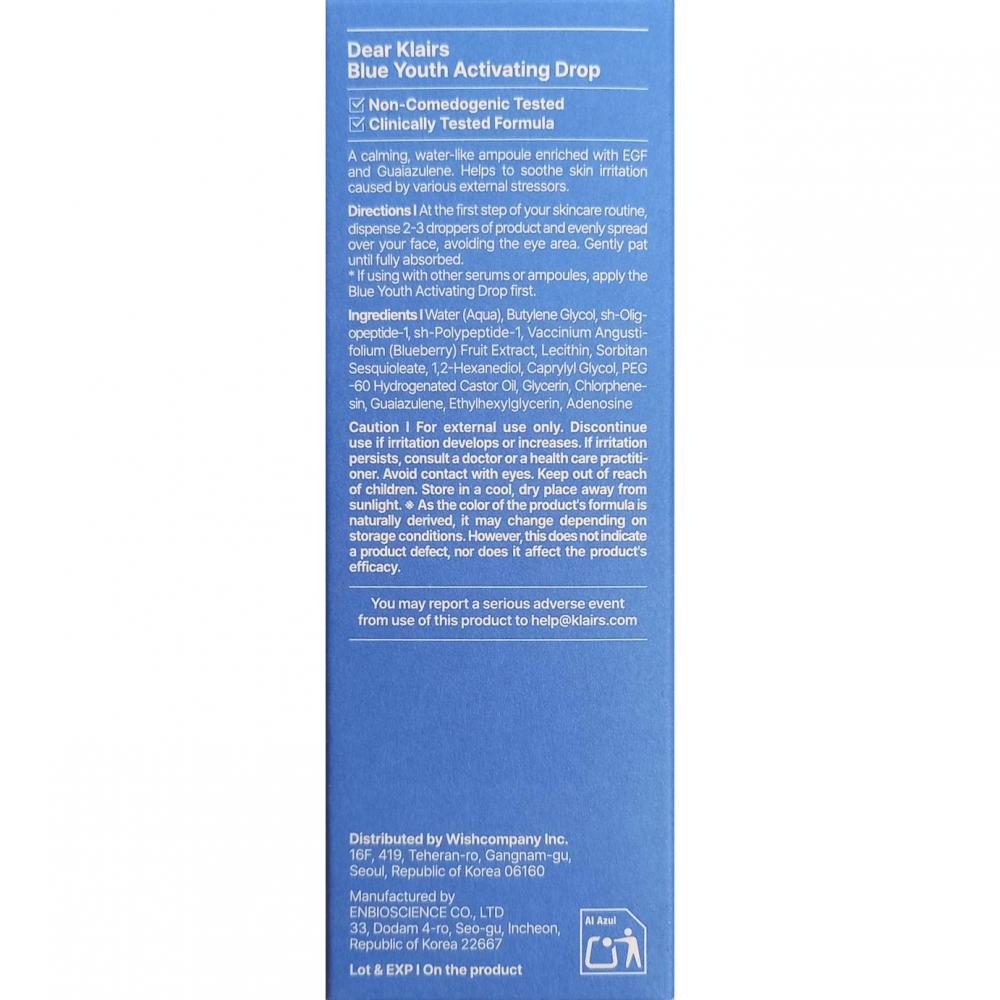 Dear Klairs EGF Blue Youth Activating Drop, 50 ml - ser de fata formulat cu EGF si extract de afine, care contribuie la regenerarea celulara si la metinerea aspectului luminos al pielii