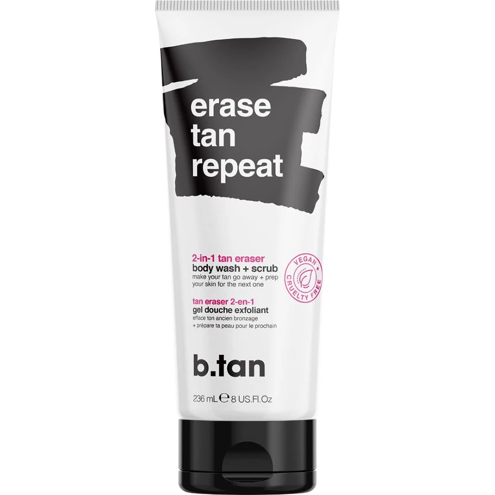 B.tan Erase Tan Repeat Gel de duș exfoliant pentru îndepărtarea autobronzantului, 236 ml