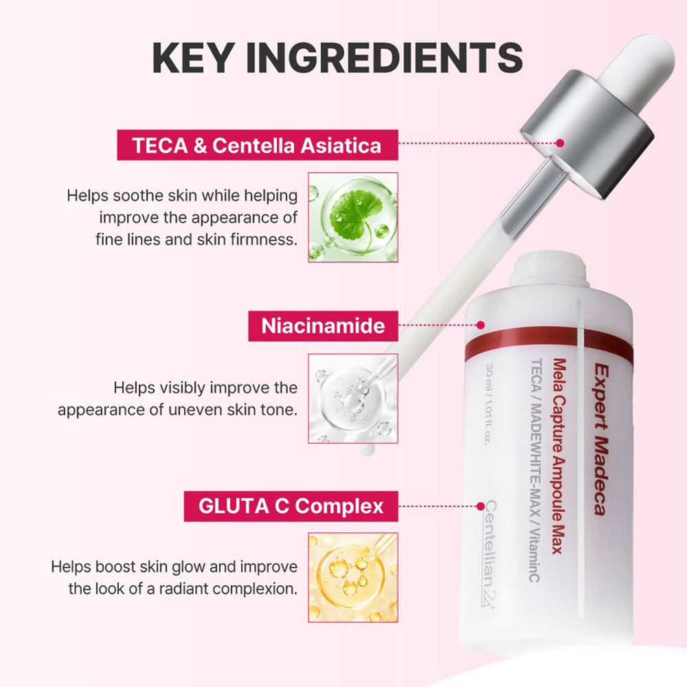 CENTELLIAN24 Expert Madeca Mela Capture Ampoule Max, 30 ml - Ser de fata formulat cu vitamina C si niacinamida, care contribuie la corectarea nuantei neuniforme a pielii si la reducerea petelor pigmentare