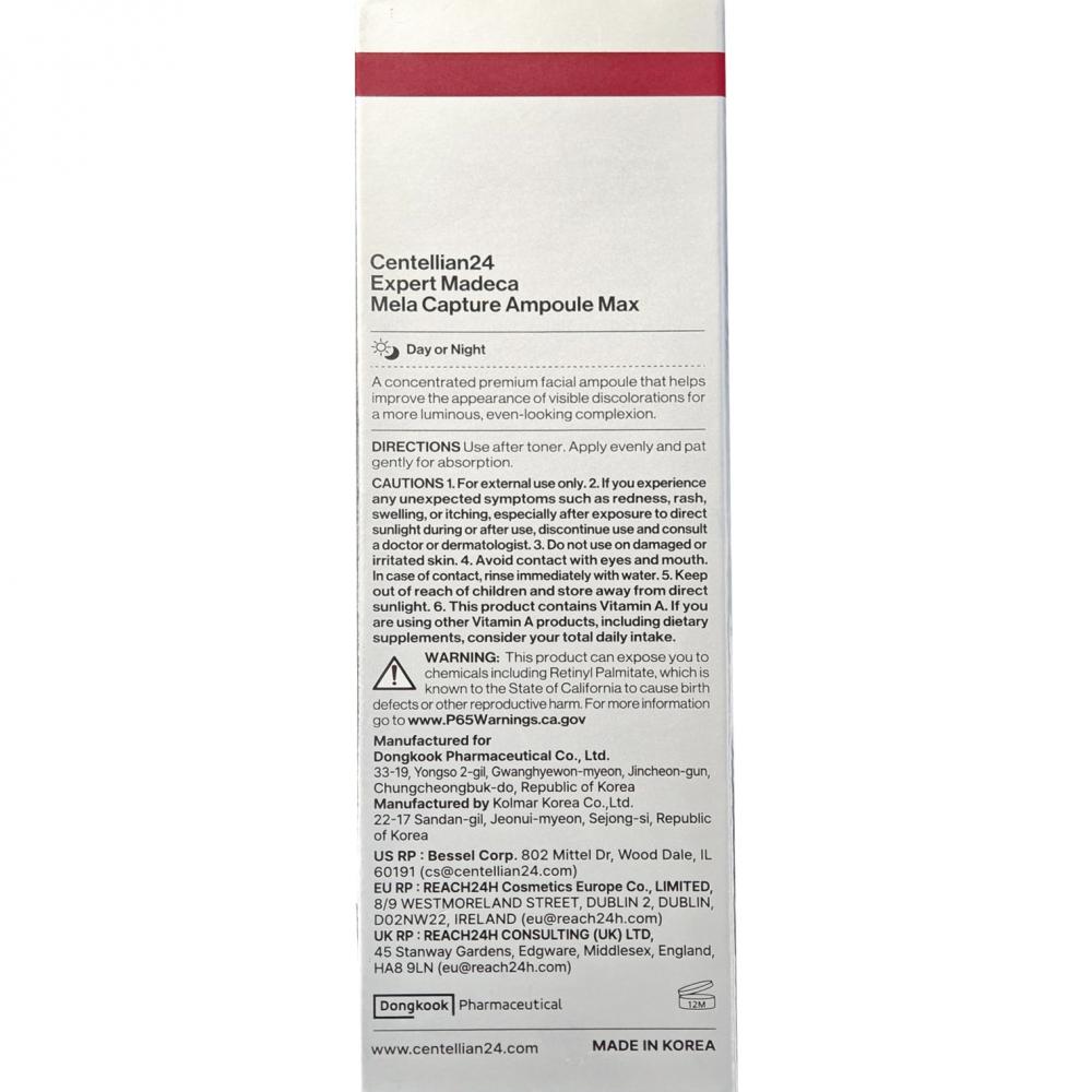 CENTELLIAN24 Expert Madeca Mela Capture Ampoule Max, 30 ml - Ser de fata formulat cu vitamina C si niacinamida, care contribuie la corectarea nuantei neuniforme a pielii si la reducerea petelor pigmentare