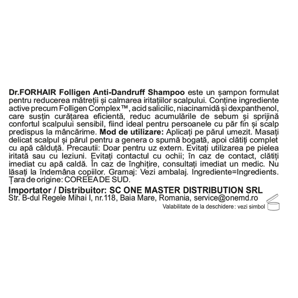 Dr. FORHAIR Folligen Anti-Dandruff Shampoo - sampon formulat cu biotina (vitamina B7) si ceramide NP, care contribuie la imbunatatirea starii generale a scalpului si la mentinerea confortului scalpului predispus la mancarime - 500 ml