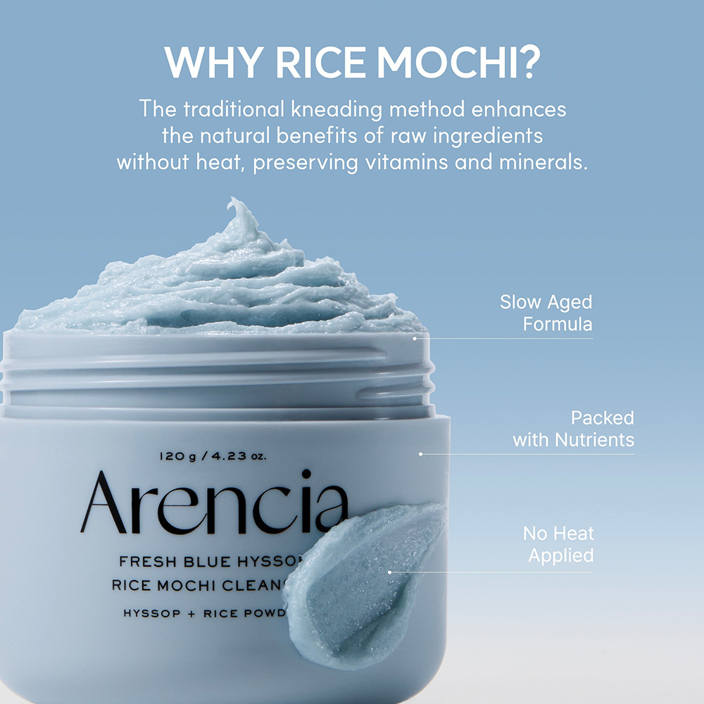 ARENCIA Fresh Blue Hyssop Rice Mochi Cleanser 120 gr - balsam de curatare formulat cu pudra de orez si kaolin, care contribuie la indepartarea excesului de sebum, impuritatilor si acumularilor zilnice fara senzatie de uscaciune