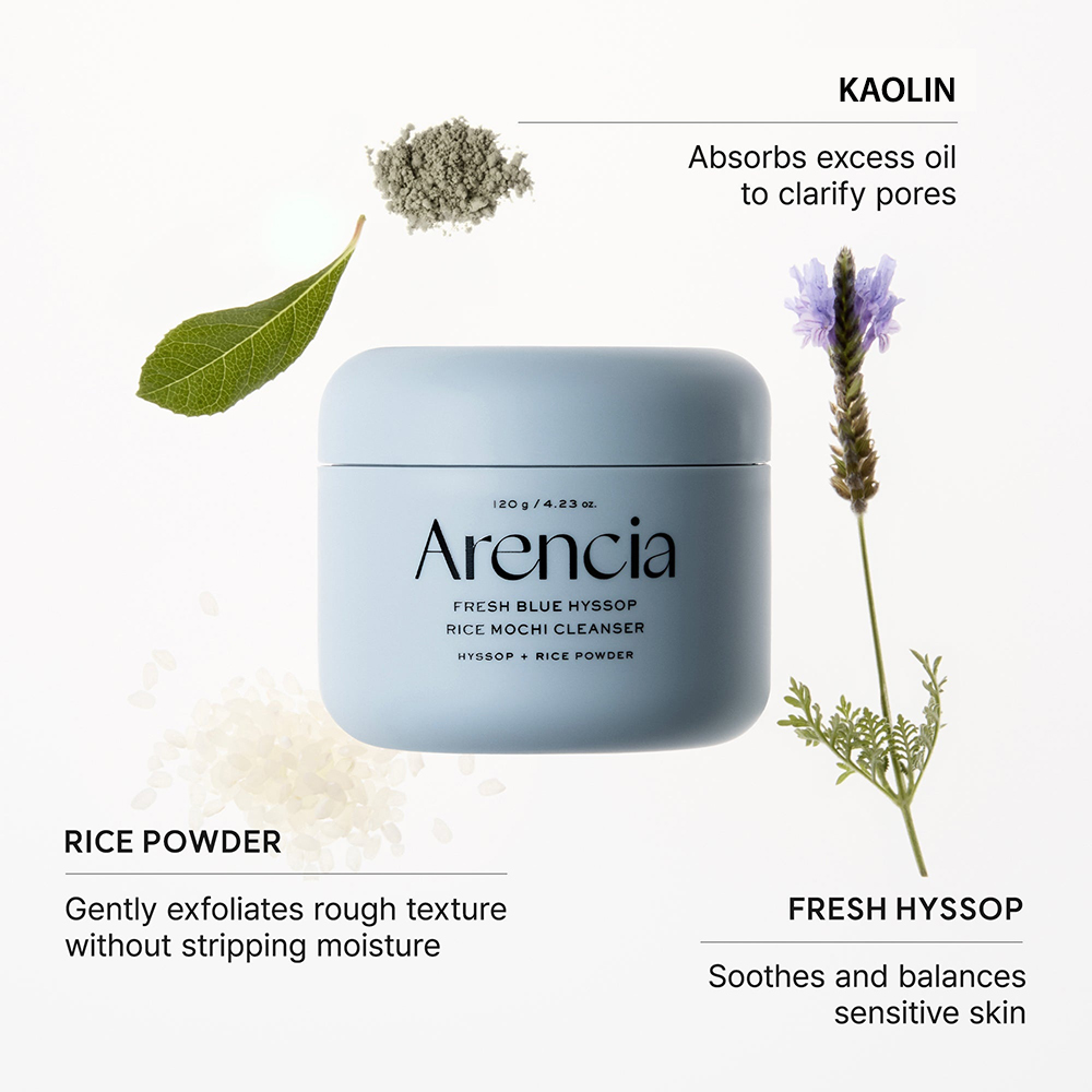 ARENCIA Fresh Blue Hyssop Rice Mochi Cleanser 120 gr - balsam de curatare formulat cu pudra de orez si kaolin, care contribuie la indepartarea excesului de sebum, impuritatilor si acumularilor zilnice fara senzatie de uscaciune