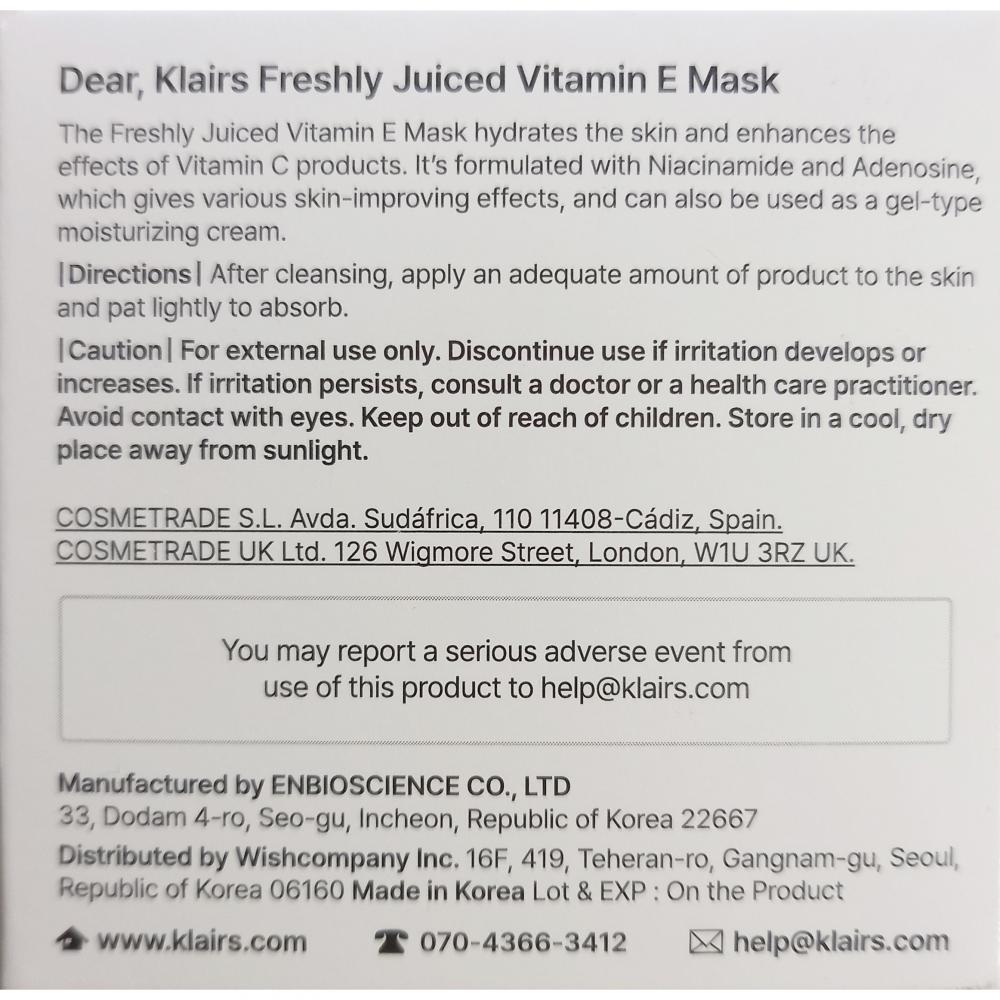 Dear Klairs Freshly Juiced Masca de Fata cu Vitamina E - Hidratare Intensa si Protectie UV, 90 ml