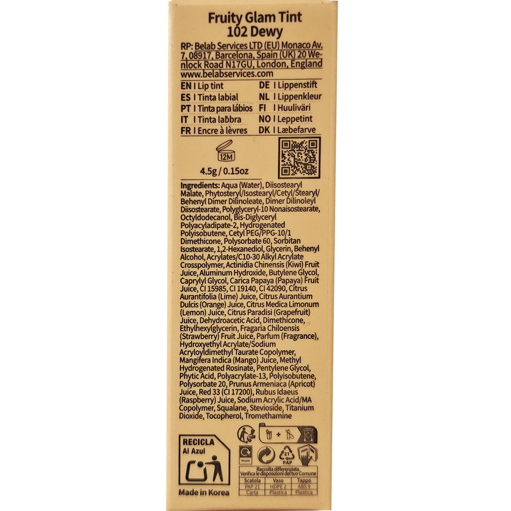 LAKA Fruity Glam Tint - nuantator pentru buze formulat cu sucuri de fructe si vitamine, care contribuie la hidratarea buzelor si la mentinerea confortului - 4.5 gr - 102 Dewy