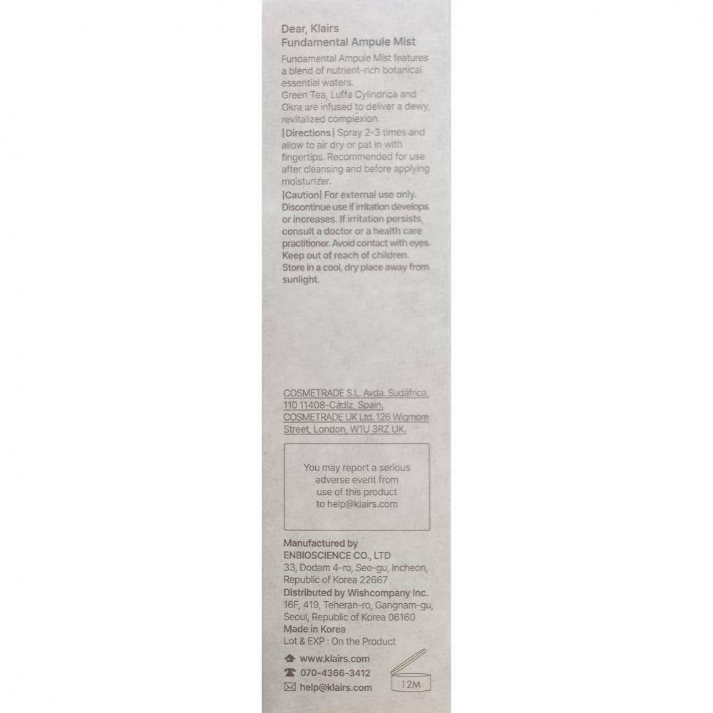 Dear Klairs Fundamental Spray Hidratant pentru Fata fara Parfum - Calmare si Hidratare cu Ceai Verde, 125 ml