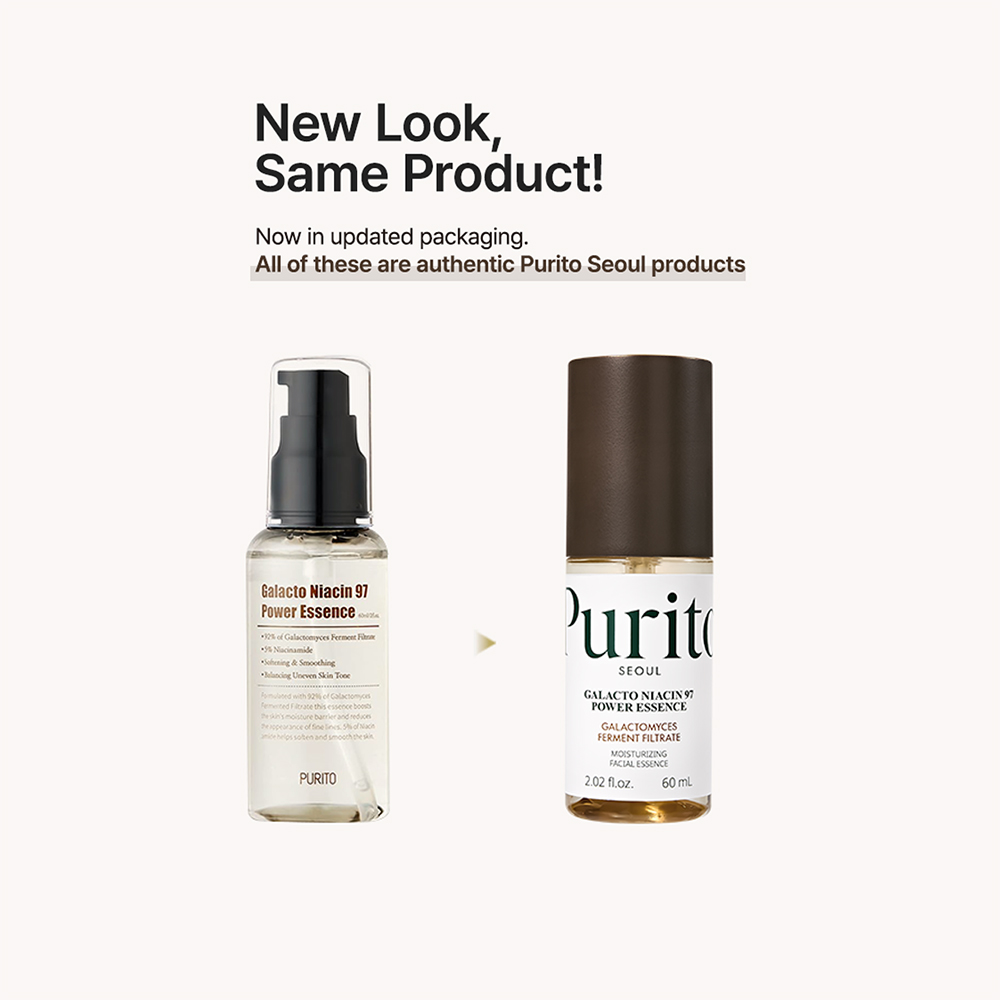 PURITO Galacto Niacin 97 Power Essence - ser de fata formulat cu filtrat fermentat de Galactomyces si niacinamida, care contribuie la hidratarea pielii si la imbunatatirea tonusului neuniform - 60 ml