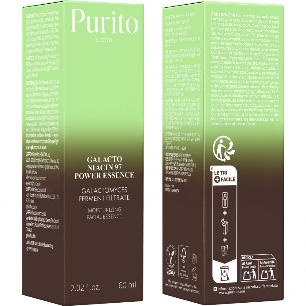 PURITO Galacto Niacin 97 Power Essence - ser de fata formulat cu filtrat fermentat de Galactomyces si niacinamida, care contribuie la hidratarea pielii si la imbunatatirea tonusului neuniform - 60 ml