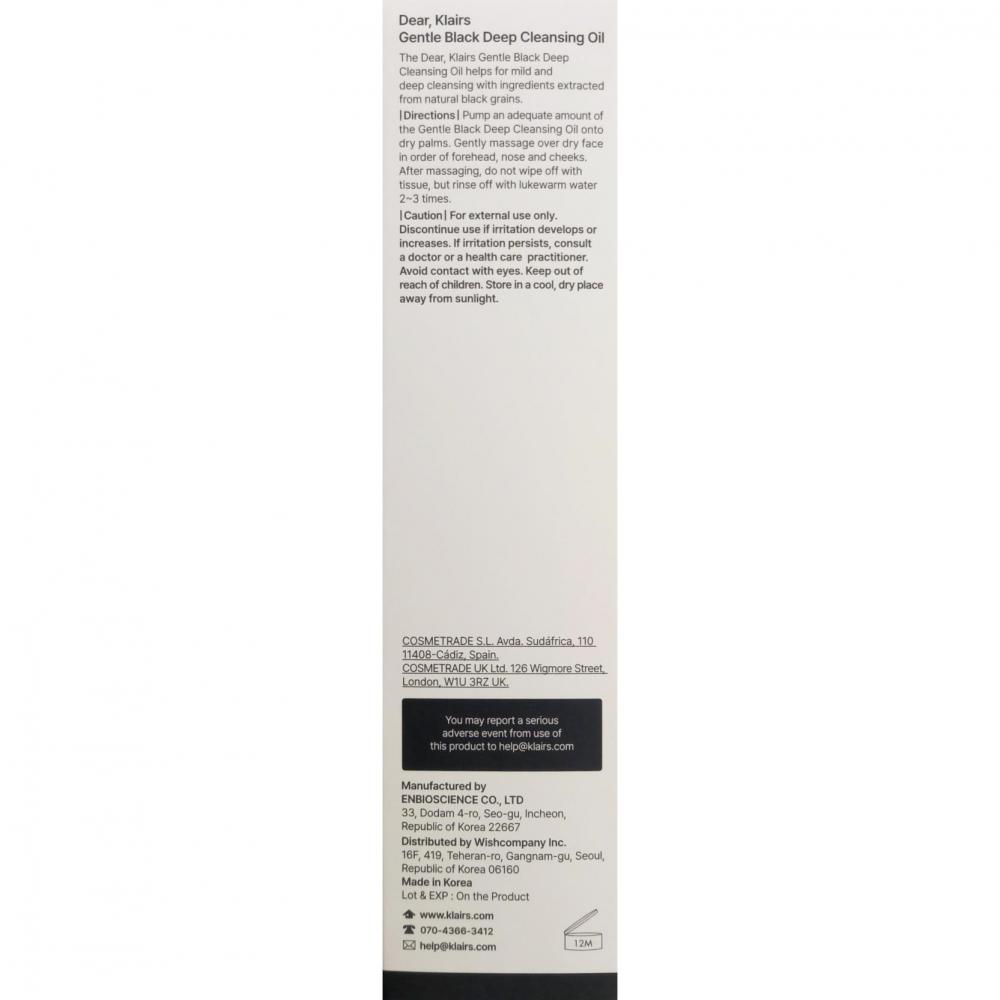Dear Klairs Gentle Black Ulei de Curatare pentru Ten Gentle Black - Curatare Profunda si Calmanta pentru Sebum si Machiaj, 150 ml