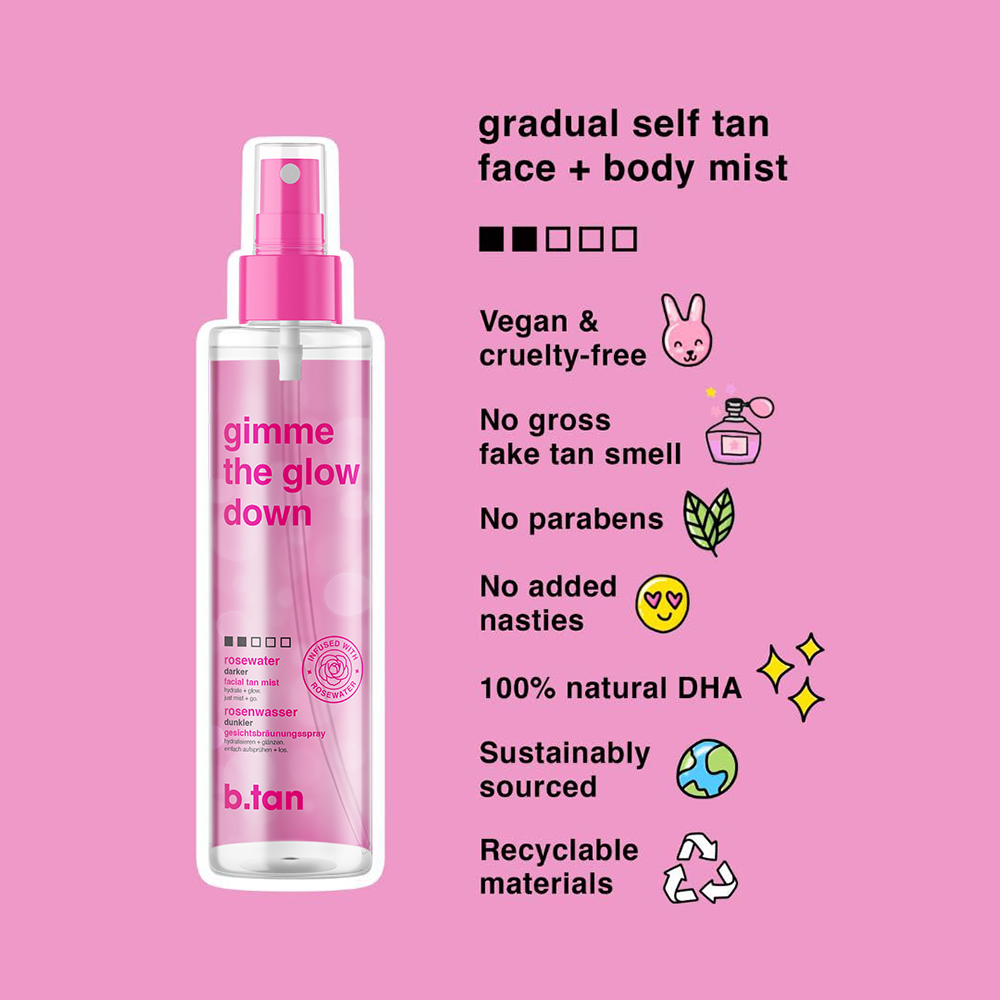 B.tan Gimme The Glow Down Mist Autobronzant Gradual pentru Fata si Corp  - Nuanta Naturala, Stralucire Uniforma si Calmare cu Apa de Trandafir, 190 ml