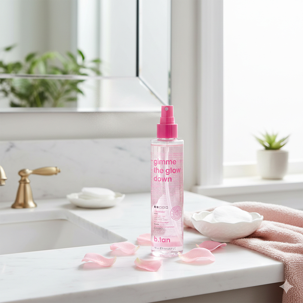 B.tan Gimme The Glow Down Mist Autobronzant Gradual pentru Fata si Corp  - Nuanta Naturala, Stralucire Uniforma si Calmare cu Apa de Trandafir, 190 ml