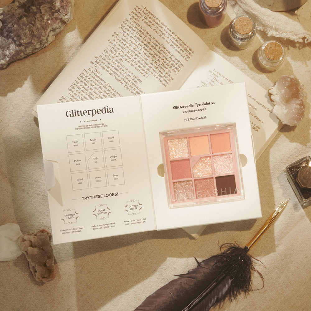 UNLEASHIA Glitterpedia Eye Palette Fard de pleoape No. 3 All of Coral Pink - luminozitate si prospetime, 6.6 gr