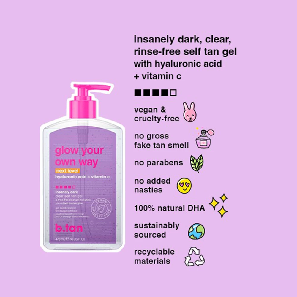B.tan Glow Your Own Way Gel Autobronzant Intens Next Level - Bronzare Rapida cu Acid Hialuronic si Vitamina C, 473 ml