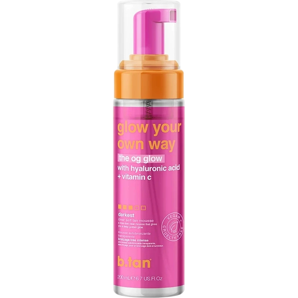 B.tan Glow Your Own Way Spuma Autobronzanta Transparenta Auriu Intens - Hidratare cu Acid Hialuronic si Vitamina C, 200 ml