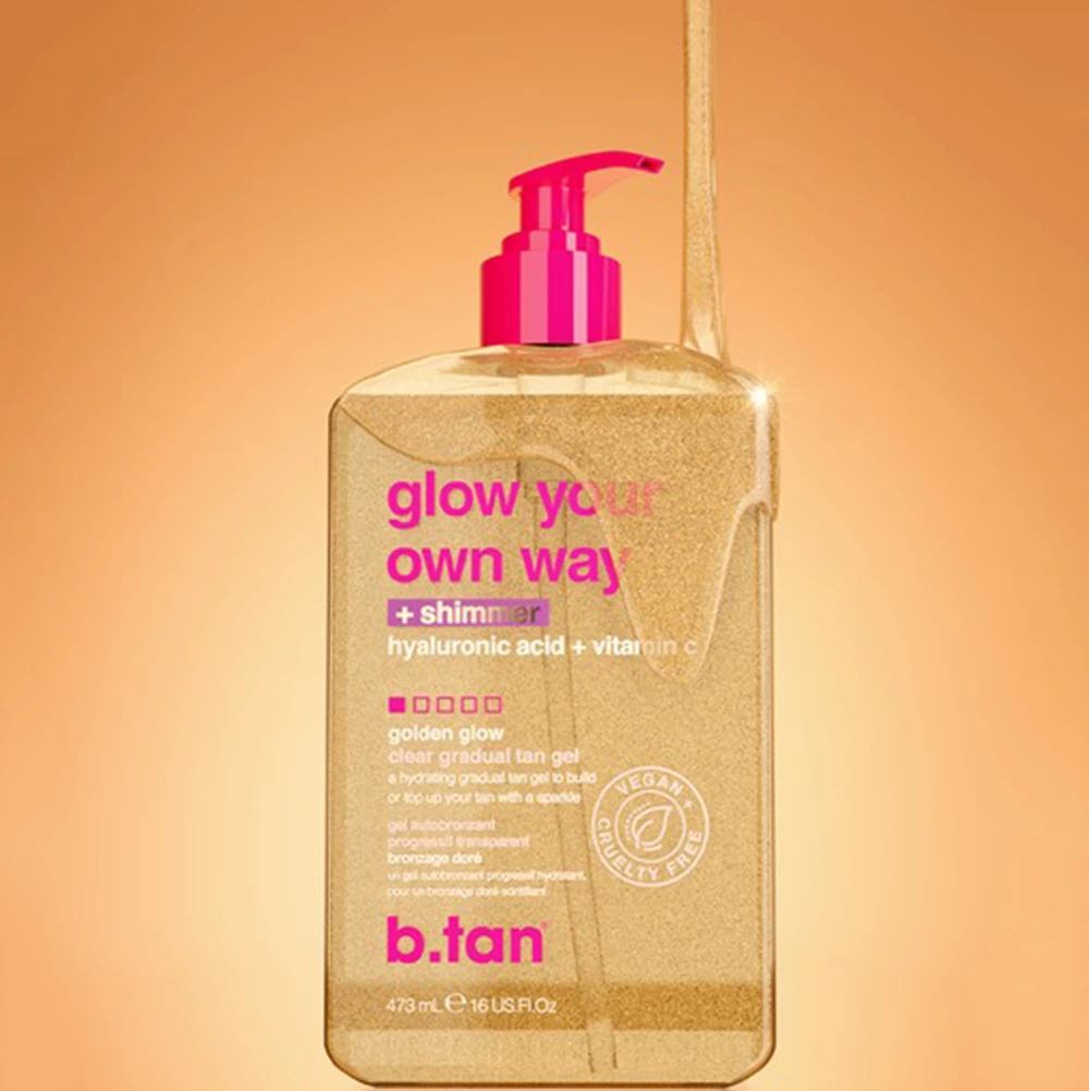 B.tan Glow your own way Gel Autobronzant Stralucire Aurie - Bronz Instantaneu si Hidratare cu Acid Hialuronic, 473 ml
