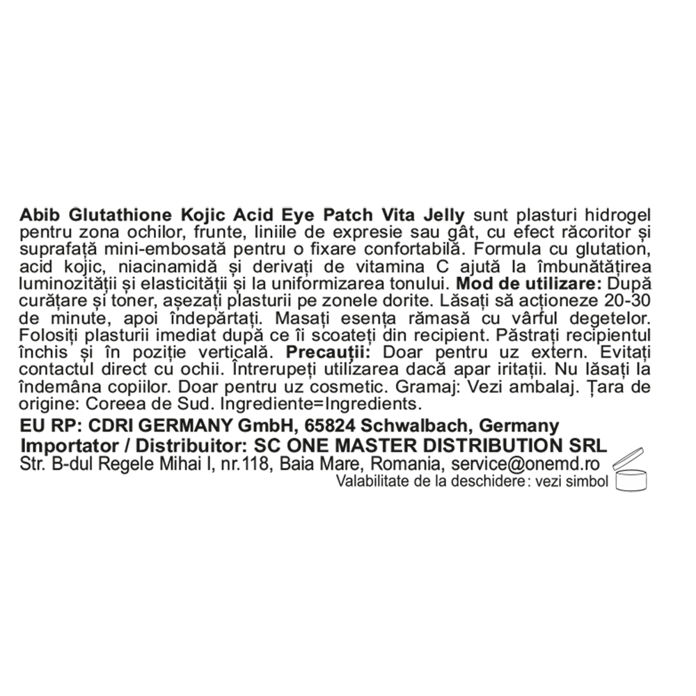 ABIB Glutathione Kojic Acid Eye Patch Vita Jelly, 60 buc - Benzi pentru ochi formulate cu glutation si acid kojic, care contribuie la luminozitatea si uniformizarea aspectului pielii in zona de sub ochi, dar si pentru alte zone precum obrajii, fruntea, liniile de expresie sau zona gatului