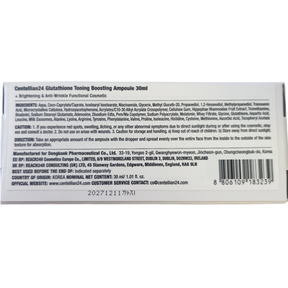 CENTELLIAN24 Glutathione Toning Boosting Ampoule - ser de fata formulat cu glutation si niacinamida, care contribuie la imbunatatirea tonului si texturii tenului si la reducerea aspectului petelor pigmentare - 30 ml