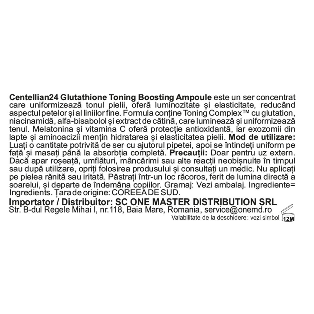 CENTELLIAN24 Glutathione Toning Boosting Ampoule - ser de fata formulat cu glutation si niacinamida, care contribuie la imbunatatirea tonului si texturii tenului si la reducerea aspectului petelor pigmentare - 30 ml