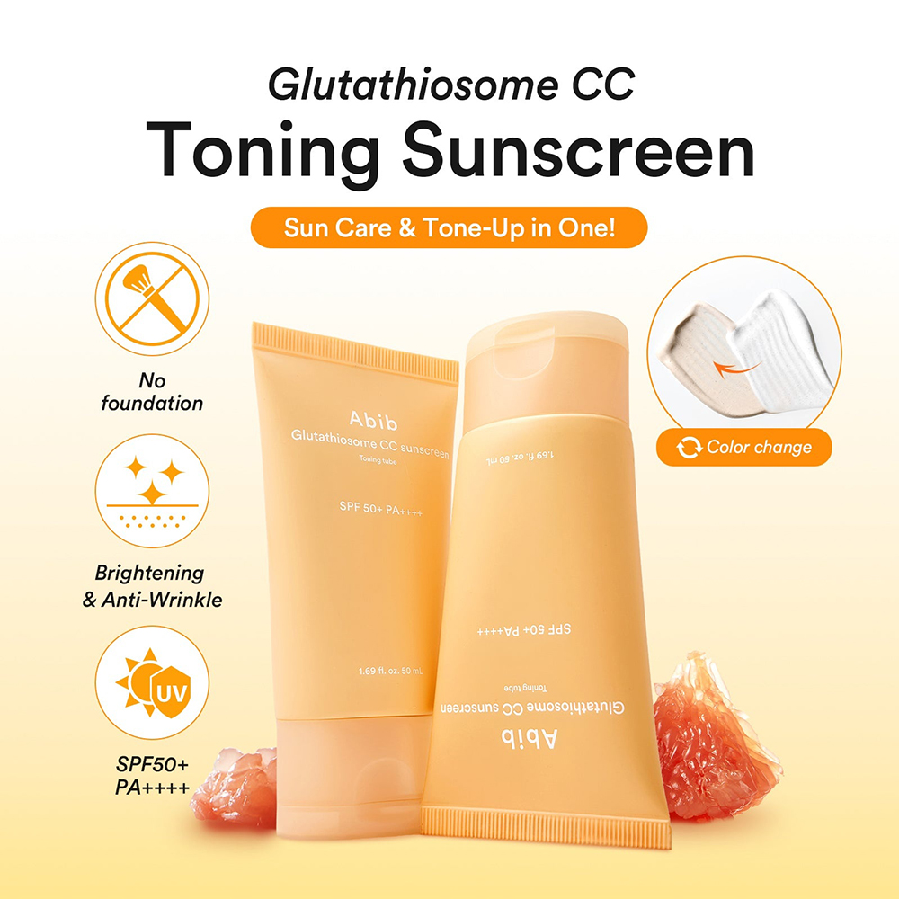 ABIB Glutathiosome CC Sunscreen Toning Tube SPF 50+ PA++++, 50 ml - crema de fata formulata cu niacinamida si vitamina C, care contribuie la uniformizarea nuantei pielii si la mentinerea confortului pe parcursul zilei, Daily