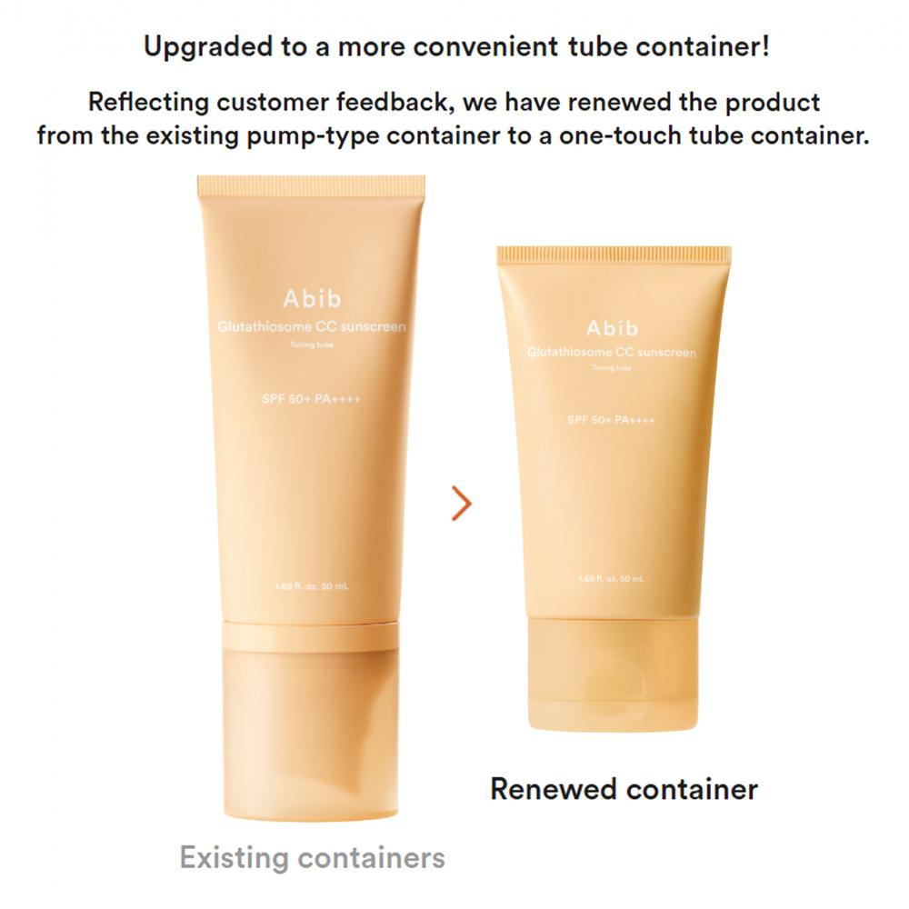 ABIB Glutathiosome CC Sunscreen Toning Tube SPF 50+ PA++++, 50 ml - crema de fata formulata cu niacinamida si vitamina C, care contribuie la uniformizarea nuantei pielii si la mentinerea confortului pe parcursul zilei, Daily