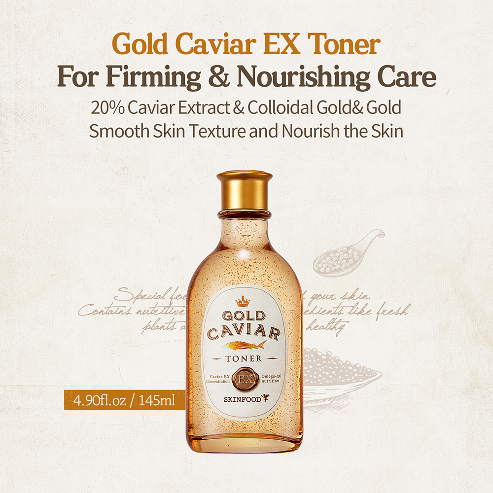 Toner de față Skinfood Gold Caviar EX - Hidratare și fermitate cu extract de caviar și aur, 145 ml