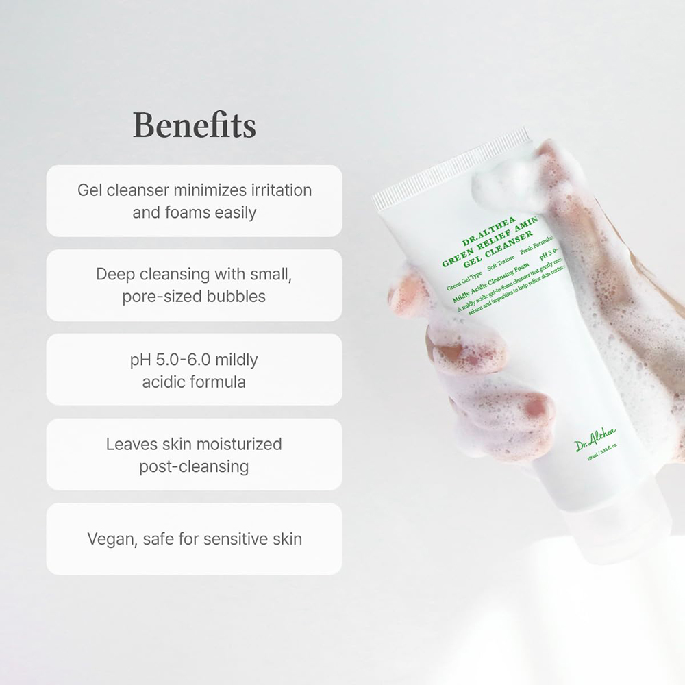 Dr. Althea Green Relief Amino Gel Cleanser - gel de curatare formulat cu acid hialuronic si betaina, care contribuie la curatarea profunda si la metinerea echilibrului natural al pielii - 100 ml