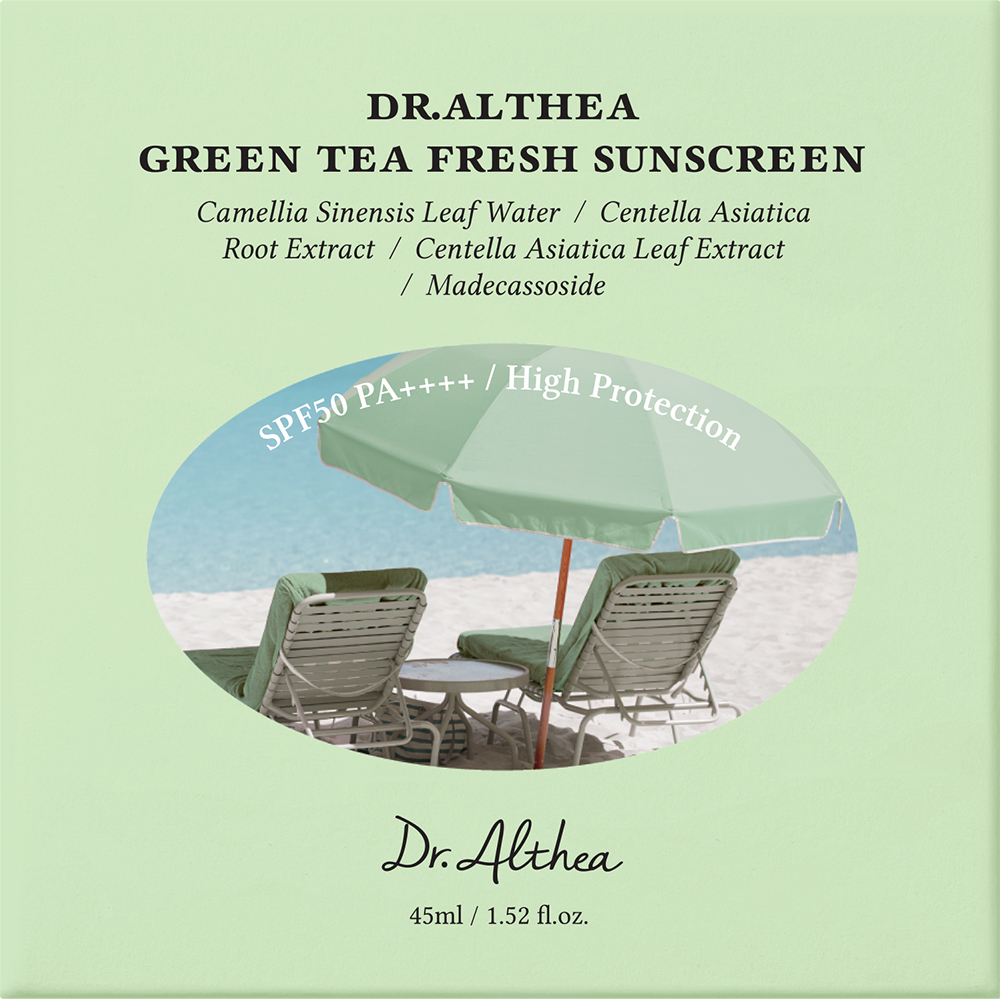Dr. Althea Green Tea Fresh Sunscreen, 45 ml - crema de fata formulata cu Camellia Sinensis Leaf Water si Centella Asiatica Extract, care contribuie la calmarea pielii sensibile si la mentinerea protectiei impotriva razelor UVA si UVB (SPF50 PA++++), Daily
