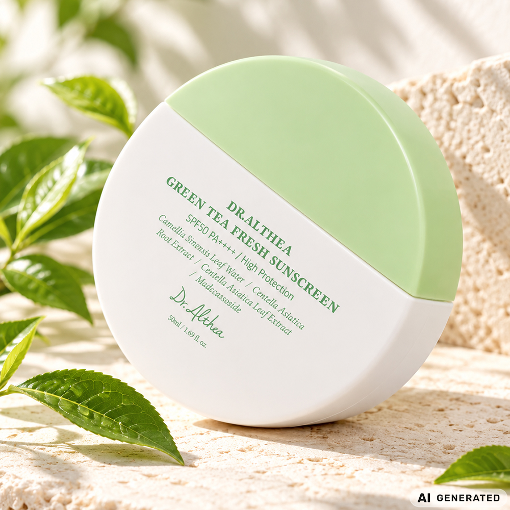 Dr. Althea Green Tea Fresh Sunscreen SPF 50 50 ml - Crema de fata formulata cu apa din frunze de ceai verde si extract de Centella Asiatica, care contribuie la calmarea pielii sensibile si la metinerea protectiei impotriva razelor UVA si UVB