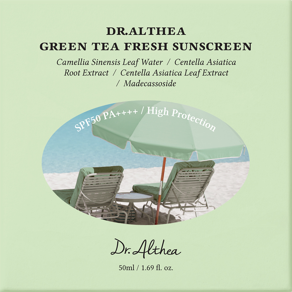 Dr. Althea Green Tea Fresh Sunscreen SPF 50 50 ml - Crema de fata formulata cu apa din frunze de ceai verde si extract de Centella Asiatica, care contribuie la calmarea pielii sensibile si la metinerea protectiei impotriva razelor UVA si UVB