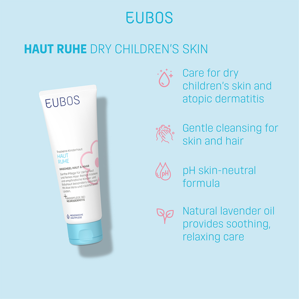 EUBOS Haut Ruhe Cleansing Gel Skin and Hair, 125 ml - gel de dus potrivit pentru pielea sensibila a bebelusilor si copiilor, formulat cu aloe vera si minerale marine, care contribuie la calmarea pielii si la mentinerea functiei de bariera cutanata
